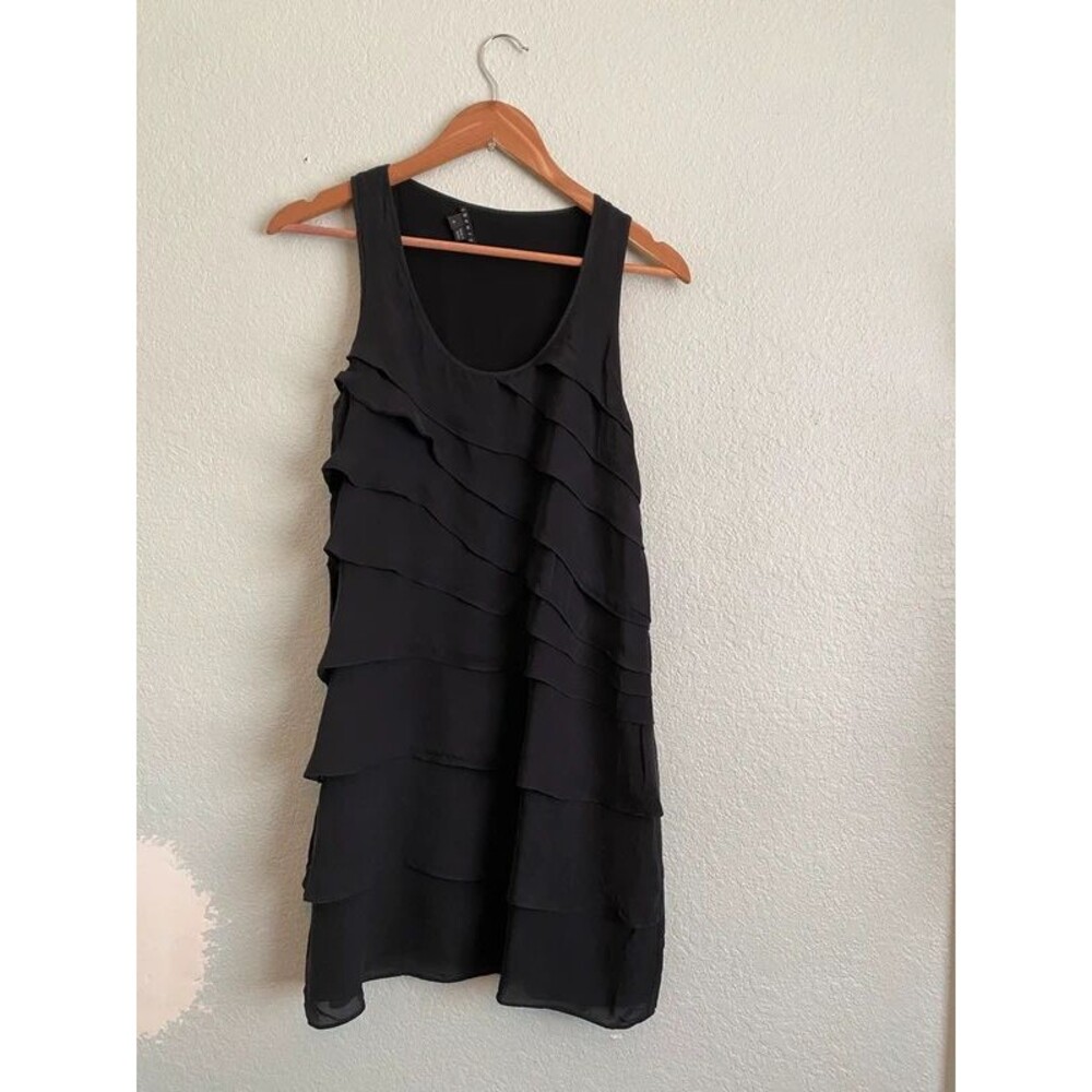 Theory Black Silk Layered Tiered Ruffle Scoop Neck Mini Dress Sz 6